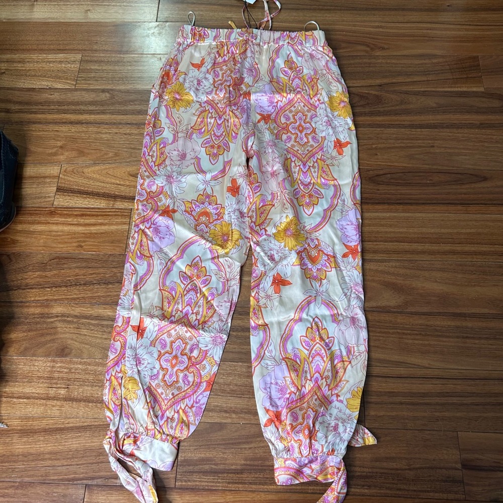 Zara The Sasha Pant Floral Paisley Tie Cuff Jogger Pants Pink Orange Yellow M - Picture 8 of 9